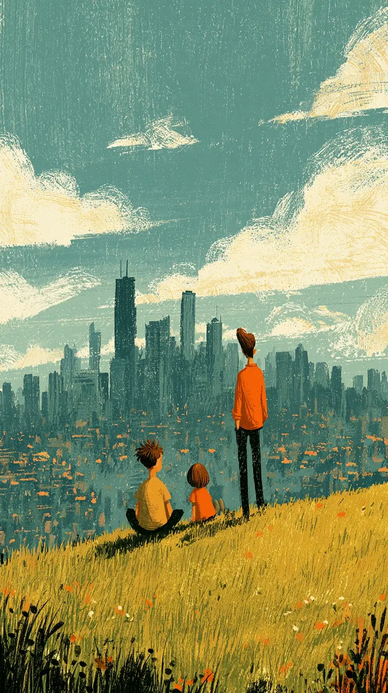 Painting of a dad and two kids sitting on a hill looking out over a city