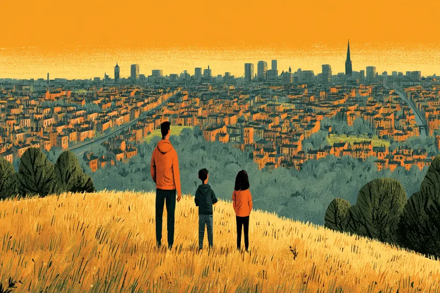 Painted city skyline seen from a hill, a dad and kids looking out