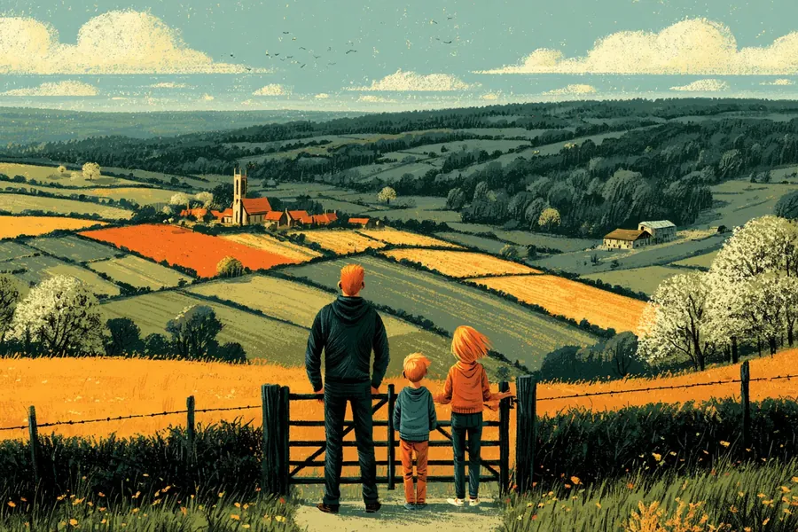 Painted fields and hedgerows with a dad and kids at a gate
