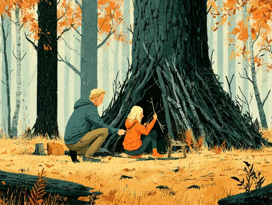 Painted autumn woods, a kid running down a leafy path with dad behind